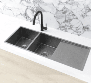 Lavello Nano Coated Stainless Steel Kitchen Sink - 1160 x 440mm Double Bowl with Drainer - Top Under Mount - PVD Gunmetal Black