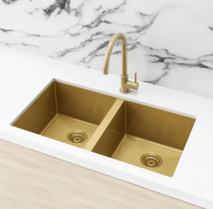 Lavello Nano Coated Stainless Steel Kitchen Sink - 760 x 440mm Double Bowl - Top Under Mount - PVD Brushed Bronze Gold