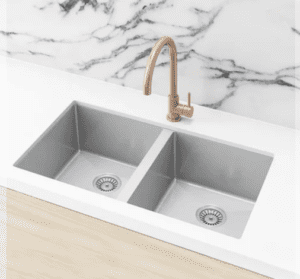 Lavello Nano Coated Stainless Steel Kitchen Sink - 760 x 440mm Double Bowl - Top Under Mount - PVD Brushed Nickel