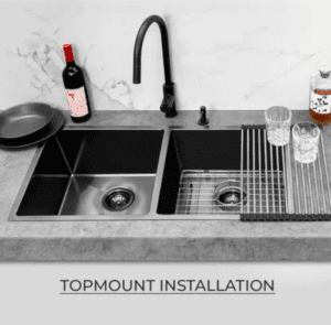 Lavello Nano Coated Stainless Steel Kitchen Sink - 860 x 440mm Double Bowl - Top Under Mount - PVD Gunmetal Black