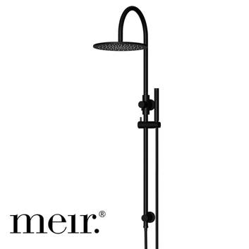 Matte black rain rail shower set with overhead and handheld shower