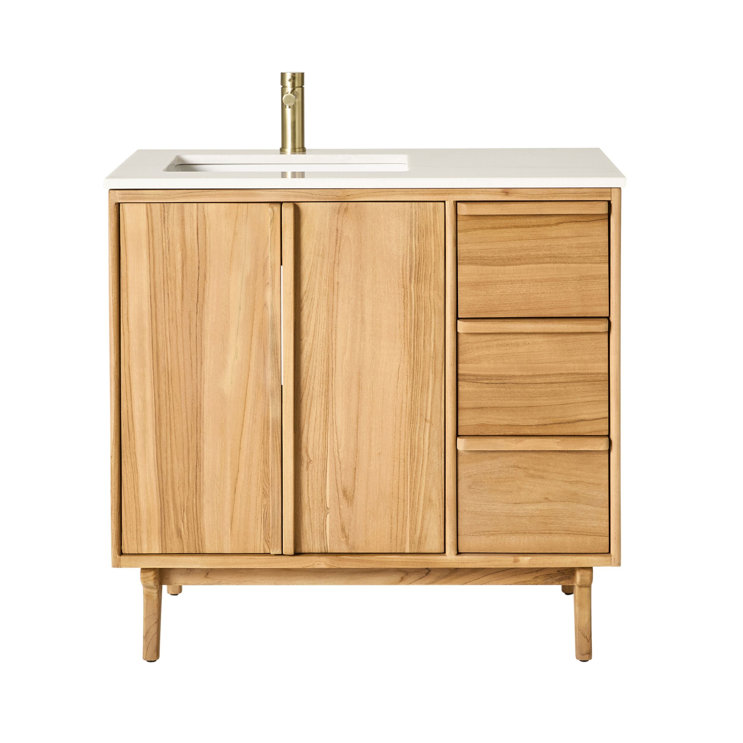 Remi teak single bathroom vanity with white stone top from Early Settler