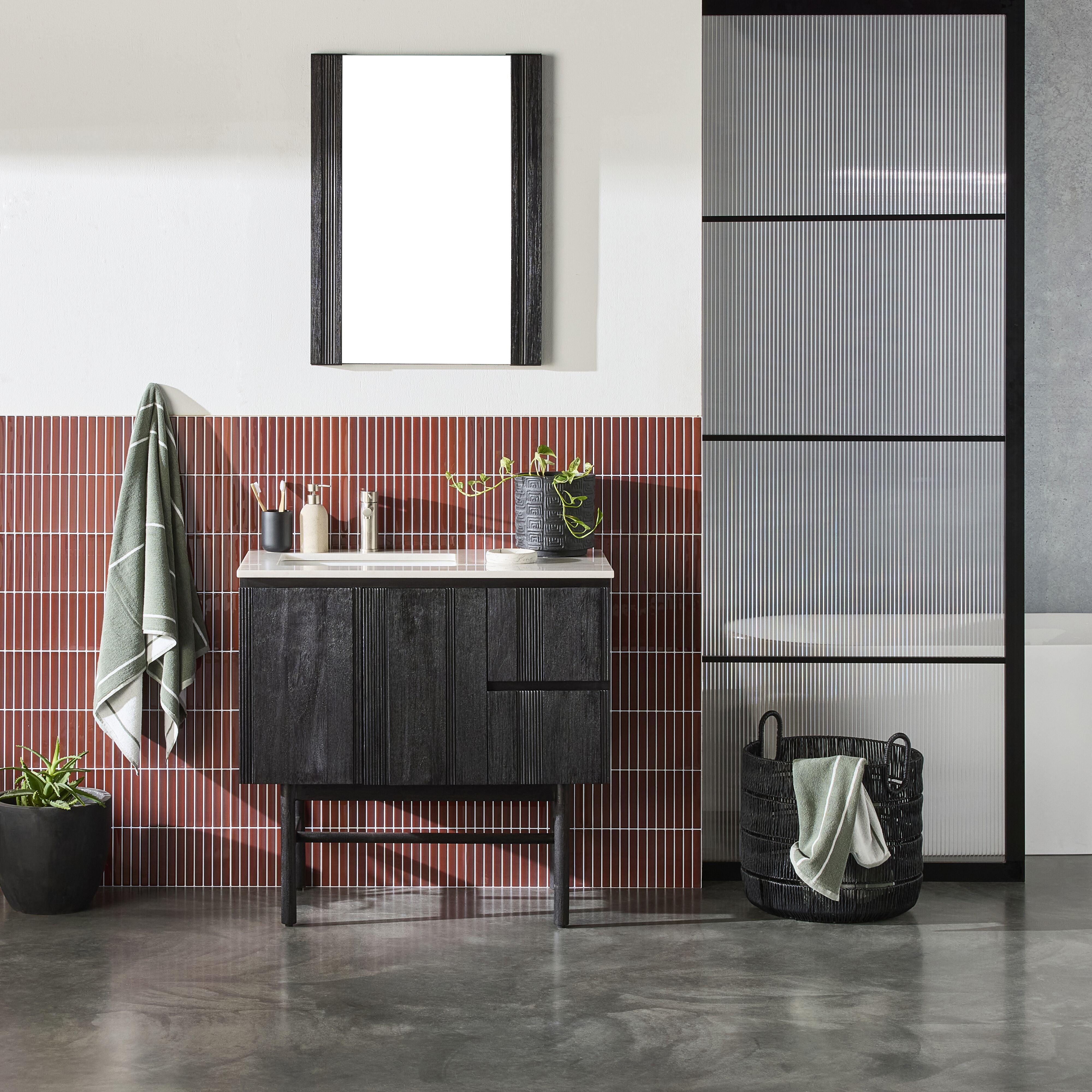 Ezra single mahogany bathroom vanity with white stone top from Early Settler